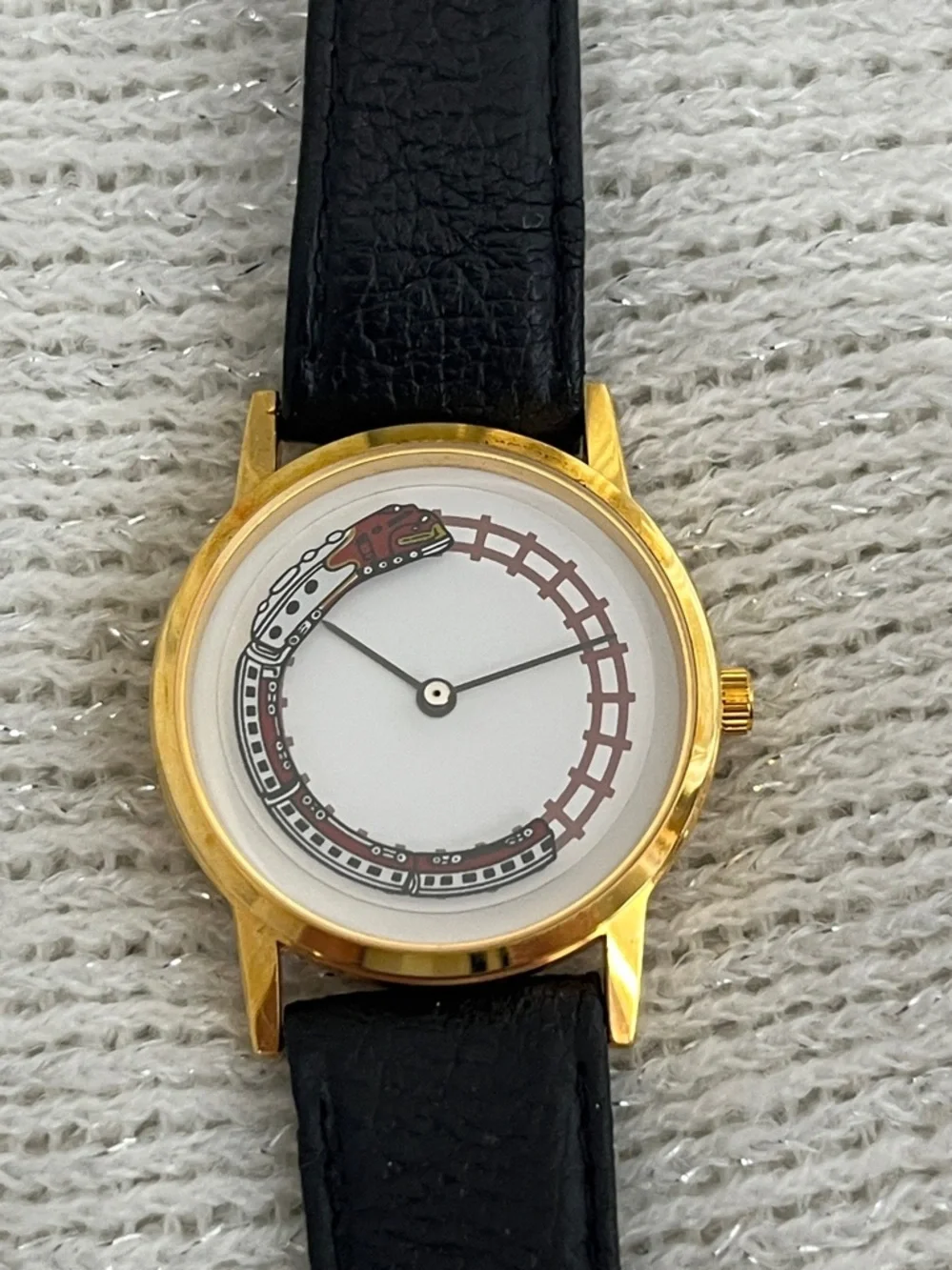 Railroad Train Classic Gold Case Black Leather Watch - Unbranded